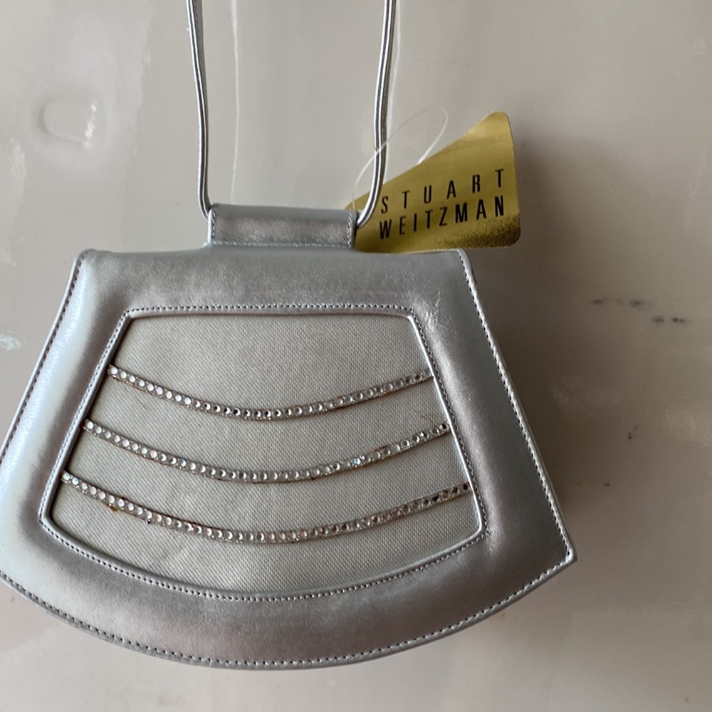 Stuart Weitzman evening bag, silver & rhinestone/crystal, shoulder strap